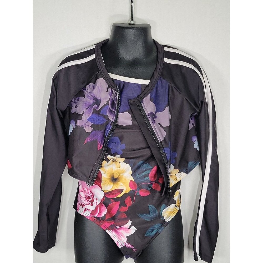 Wonder Nation Girl’s Black Floral Swimsuit &Jacket Cover up Set Size 7-8